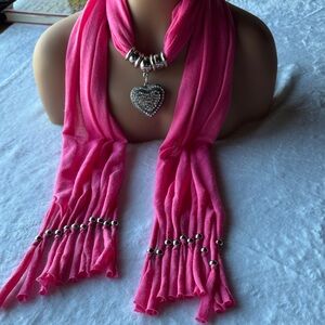 Pink Heart Pendant Scarf Necklace - Women's Accessory